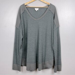 Heyson gray thermal waffle knit elbow patch v-neck top, size 3XL.
